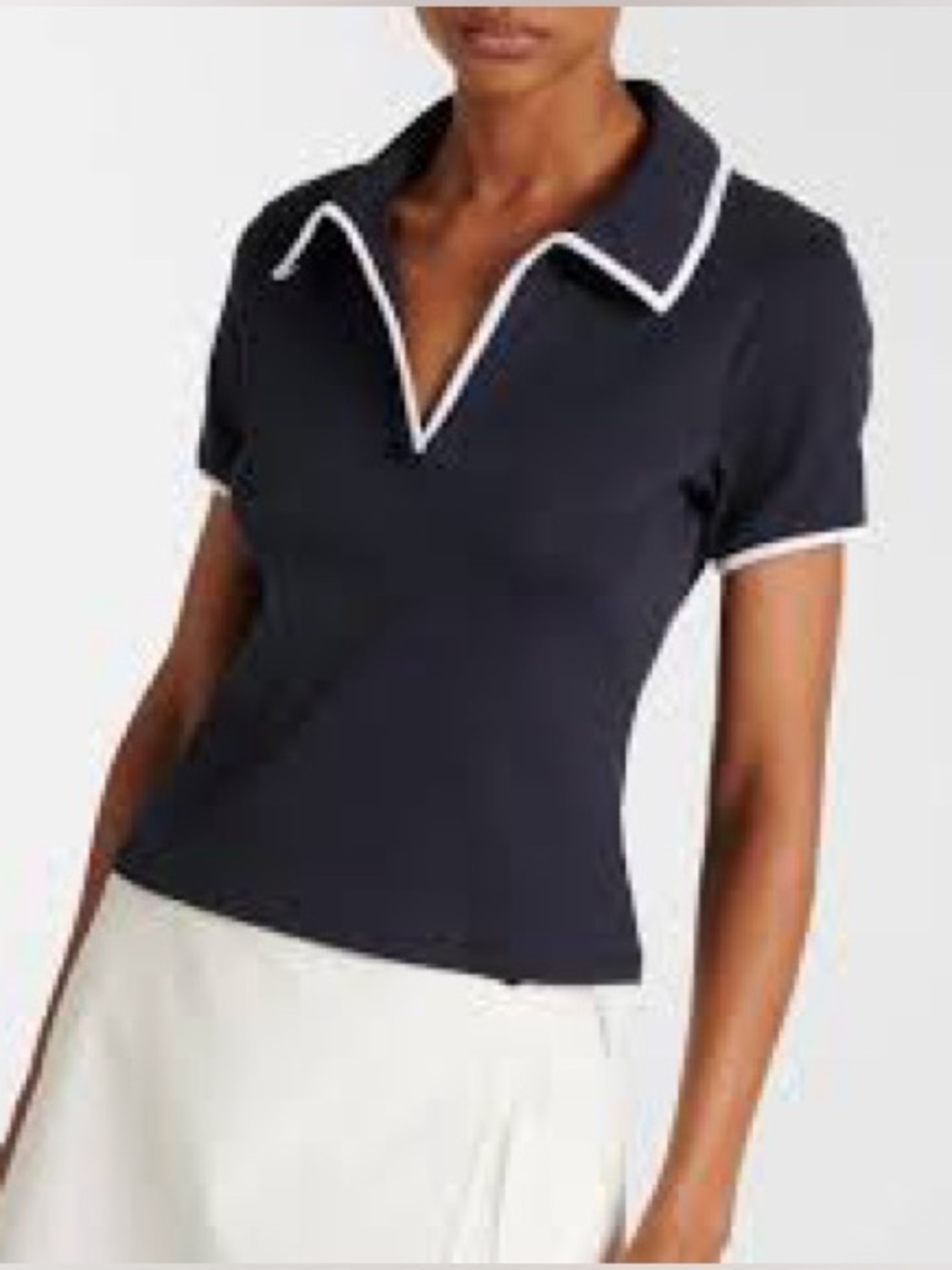 Veronica Beard Kearney Navy Cotton Polo Top White Piping M